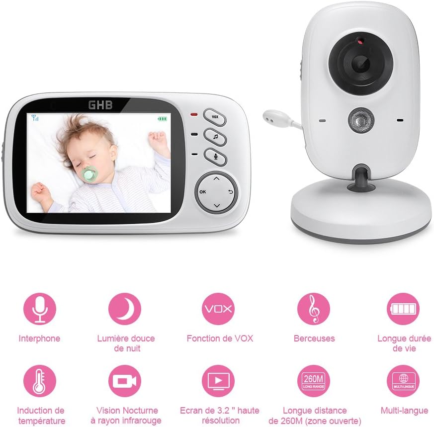 GHB Baby Monit­or 3.2 LCD Colou­r Baby Monit­or Video­ Camer­a Surve­illan­ce 2.4 GHz - Imagen 2