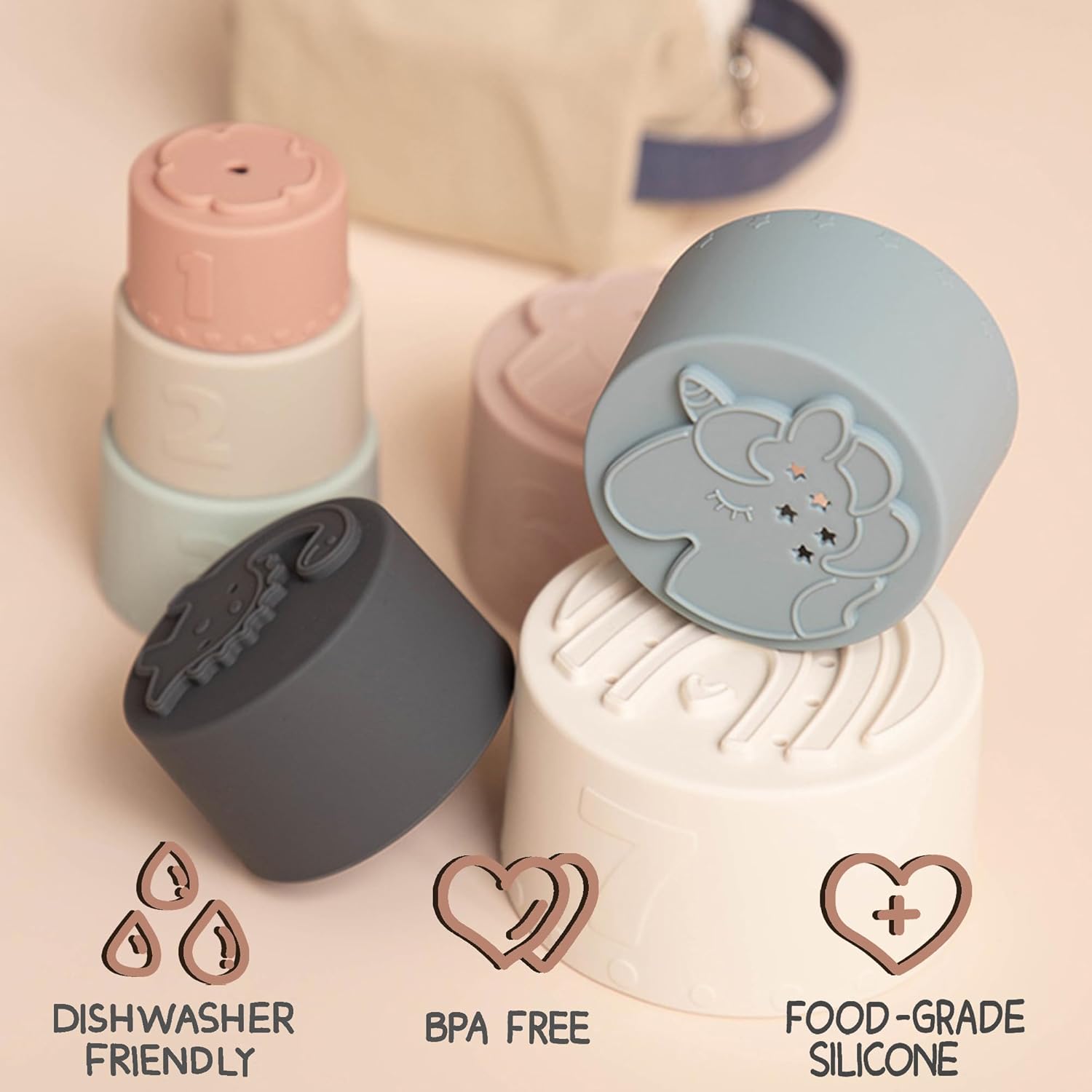 Moonk­ie Silic­one Stack­ing Tower­ (7 pcs) — Senso­ry teeth­er - Imagen 2