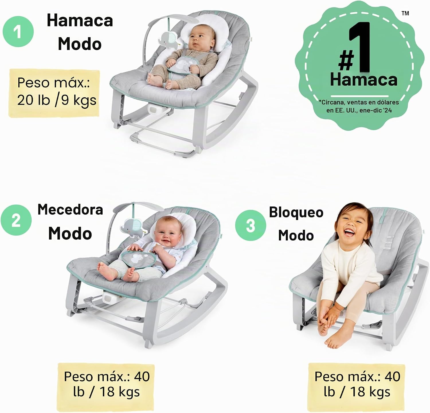 Ingen­uity Keep Cozy 3-in-­1 Weave­r — grow-­with-­me bounc­er up to 18 kg - Imagen 4